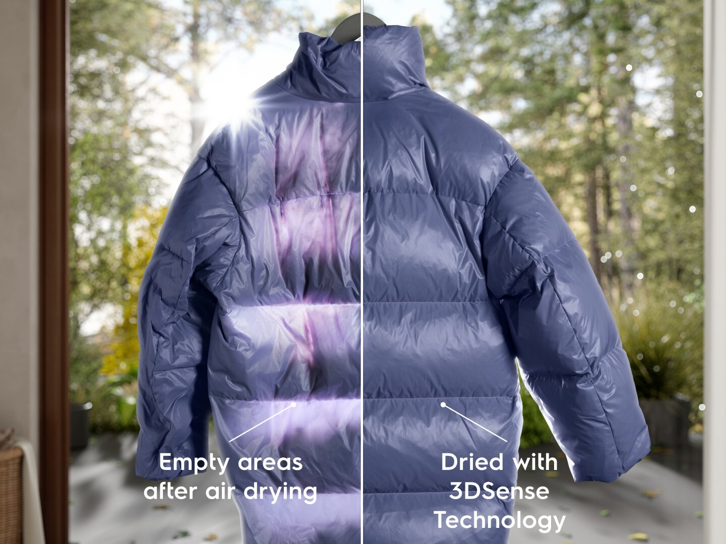 A down jacket dried with 3D Sense Technology vs. air dried