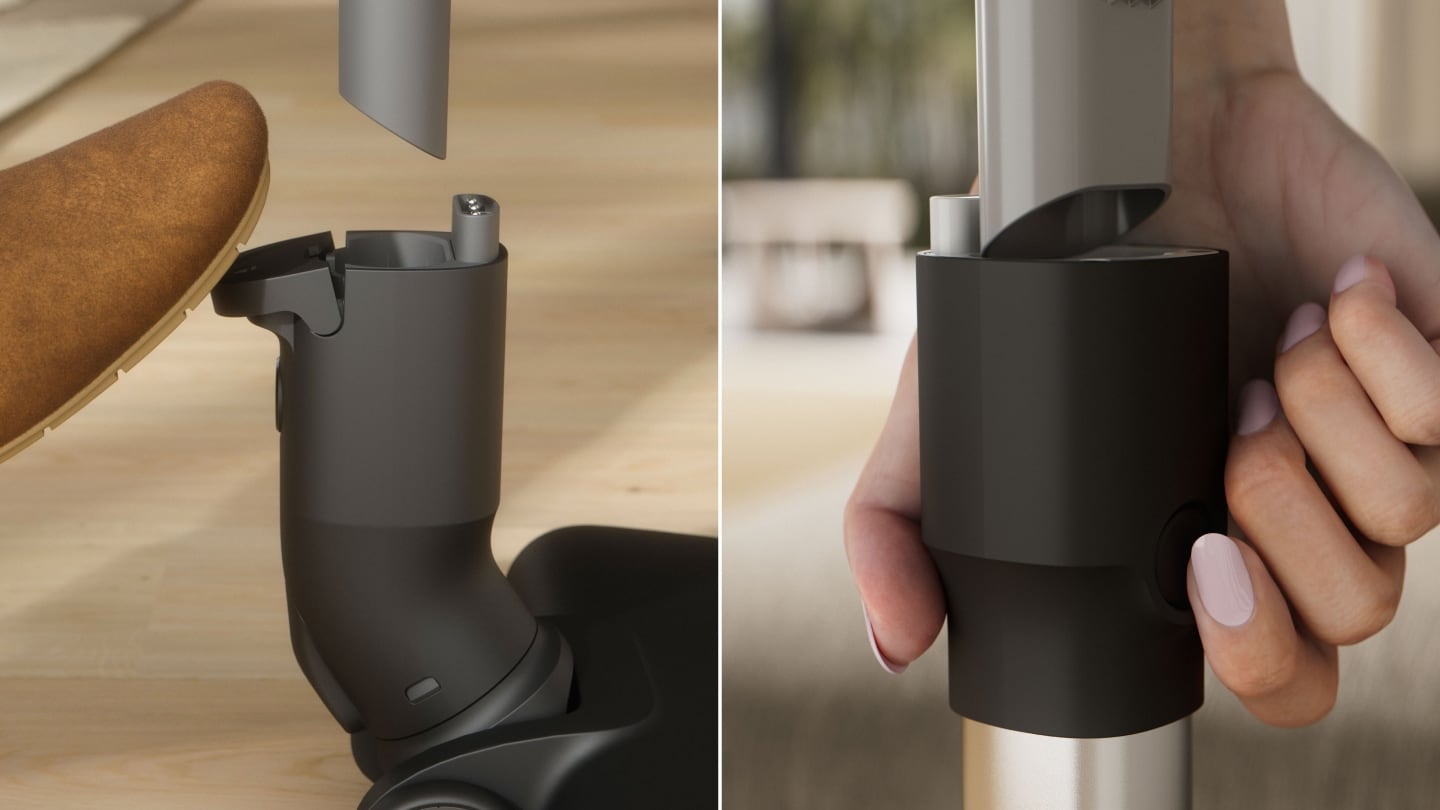 Quick-release hand unit and foot-release nozzle on vacuum cleaner.