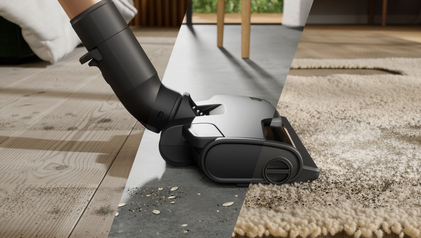 Vacuum cleaner cleaning different floor types.
